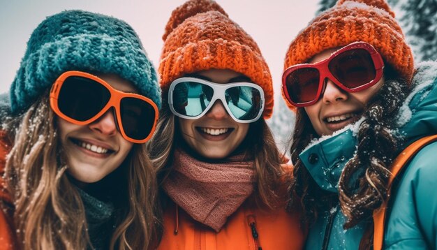 Young adults embrace smiling enjoying winter vacation generated by AI