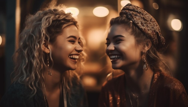 Free photo young adults enjoy carefree nightlife together laughing generated by ai