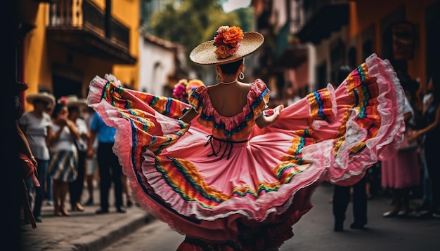 Young adults enjoy traditional festival dancing outdoors generated by AI