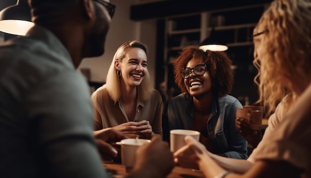 Young adults enjoying coffee and conversation together generated by AI