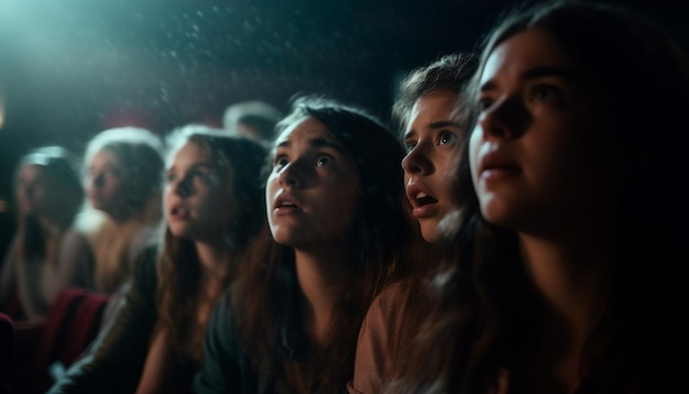 Young adults enjoying nightlife watching theatrical performance generated by AI