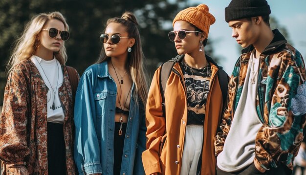 Young adults in funky clothing enjoying outdoors generated by AI