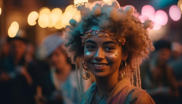 Young adults smiling celebrating traditional festival outdoors generated by AI