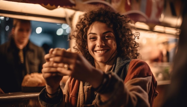 Free photo young adults smiling enjoying coffee shop together generated by ai