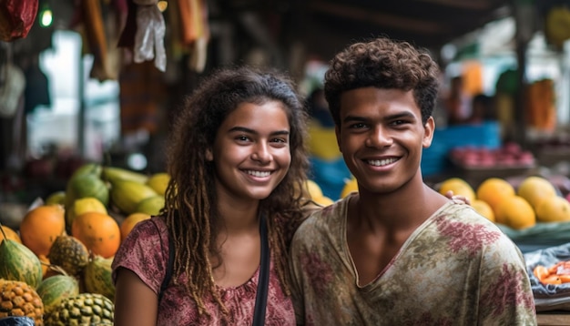 Free photo young adults smiling holding fresh organic groceries generated by ai