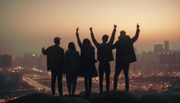 Young adults standing in city arms raised celebrating generated by AI