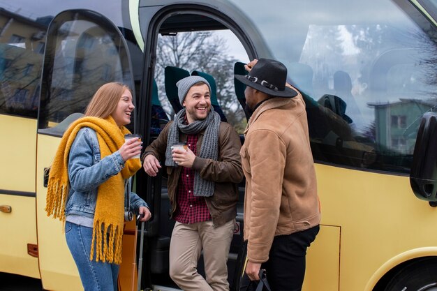 Young adults travelling in winter time