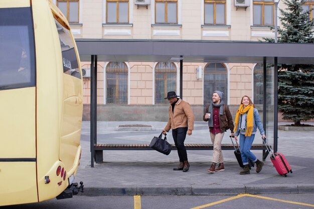 Young adults travelling in winter time