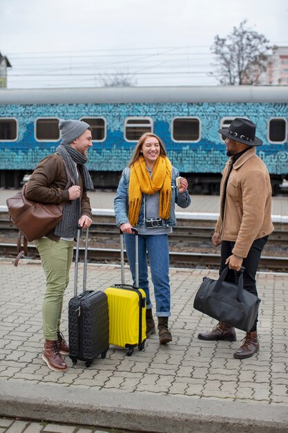 Young adults travelling in winter time