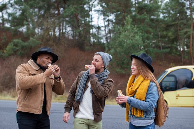 Young adults travelling in winter time