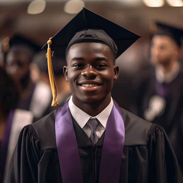 Young african american man in graduation gown and cap looking at camera