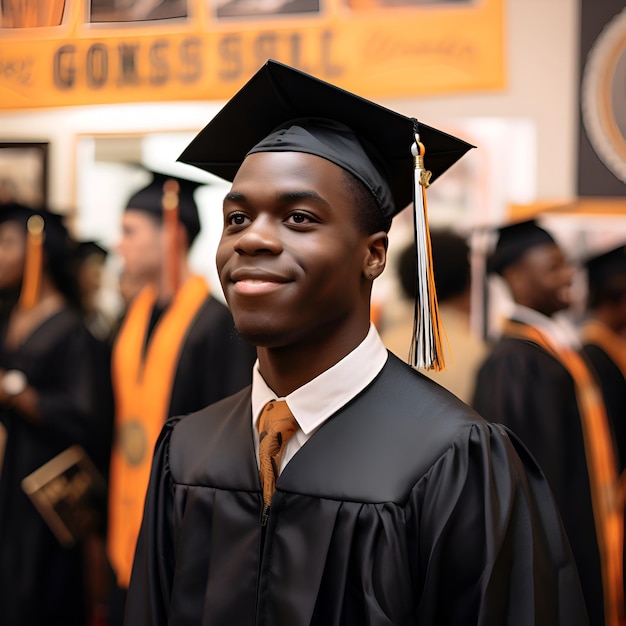 Молодой афроамериканский мужчина в выпускном платье и шапке