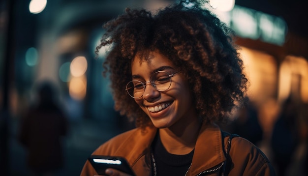 Young African American woman smiling texting on smart phone generated by AI