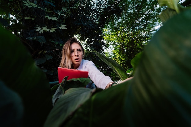 Young agricultural engineer examines leaves in greenhouse