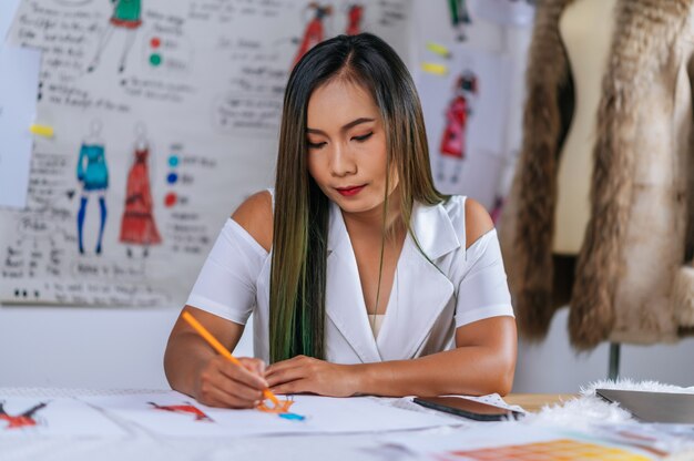 Young Asian designer female drawing fashion sketch in modern atelier shop. beautiful coat on mannaquin and clothes sketch picture on board behind her