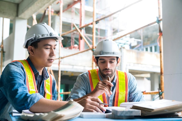 Free photo young asian engineers and caucasian engineer colleagues at site inspector and discuss together using notebook computer and paper blueprint at building construction sitehome renovation ideas concept