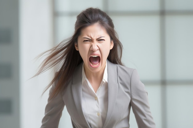 무료 사진 젊은 아시아 여성의 분노한 표정은 현대적인 미니멀리즘 회사에서 생성되었습니다.