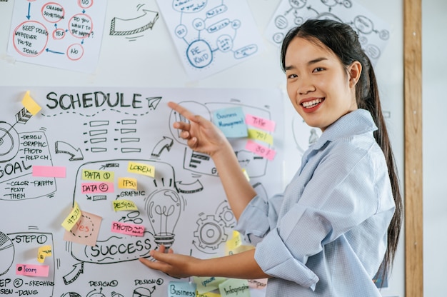 Free photo young asian woman smiling and present planing of project on board in meeting room, copy space