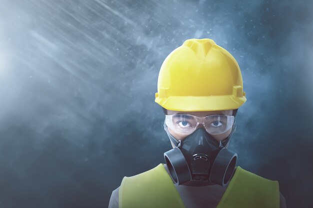 Download Premium Photo Young Asian Worker With Yellow Helmet And Protective Mask PSD Mockup Templates
