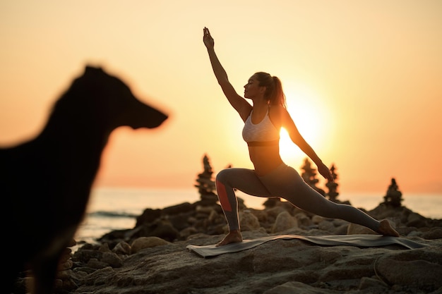 Young athletic woman doing relaxation exercises on a rock at the beach at dawn. Copy space.