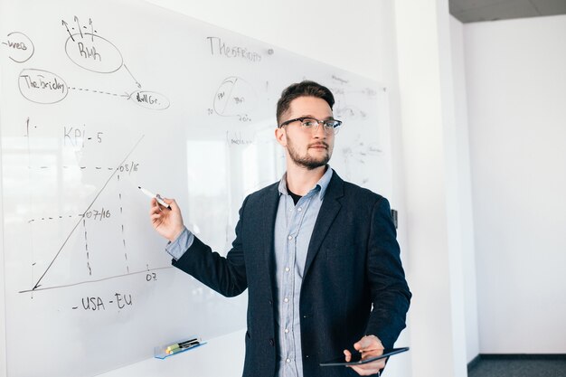 young attractive dark-haired man in glasses is showing a business plan on whiteboard. he wears blue shirt and dark jacket.