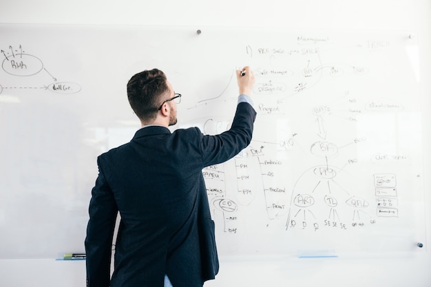 Free photo young attractive dark-haired man in glasses is writing a business plan on whiteboard. he wears blue shirt and dark jacket. view from back.