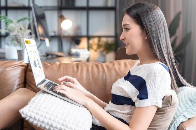 Молодая привлекательная азиатская женщина, работающая дома, использует ноутбук, проверяя отчет о планировании бизнеса с отдыхом, отдыхая на диване в гостиной, концепция домашней изоляции