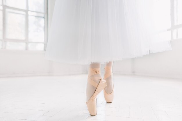 Young ballerina, closeup on legs and shoes, standing in pointe position.