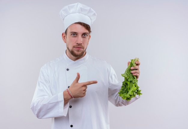 Молодой бородатый шеф-повар в белой униформе и шляпе, указывая пальцем на зеленый лист салата, глядя на белую стену