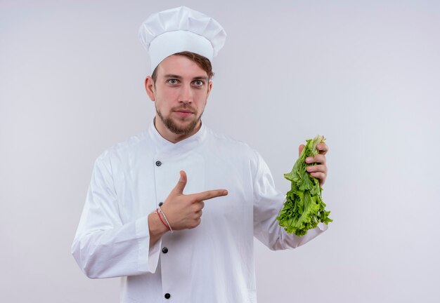 白い壁を見ながら人差し指で緑の葉レタスを指している白い炊飯器の制服と帽子を身に着けている若いひげを生やしたシェフの男