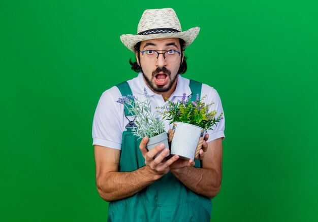 Young bearded gardener man wearing jumpsuit and hat holding potted plants being surprised 