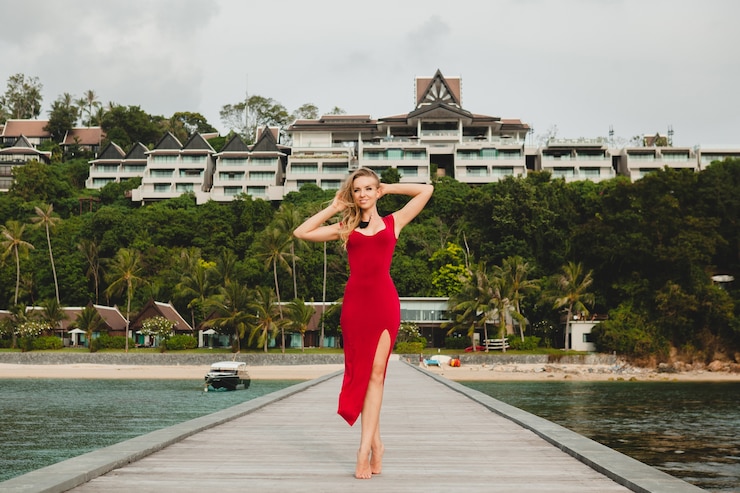 Free Photo young beautiful attractive woman standing alone on pier in luxury resort hotel, summer vacation, red long dress, blond hair, sexy apparel, tropical beach, seductive, sensual, smiling