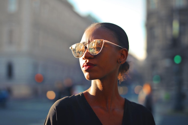 young beautiful black woman in the street