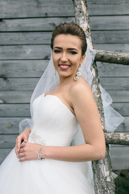 Young beautiful Bride standing at the ladder on the background of wooden wall