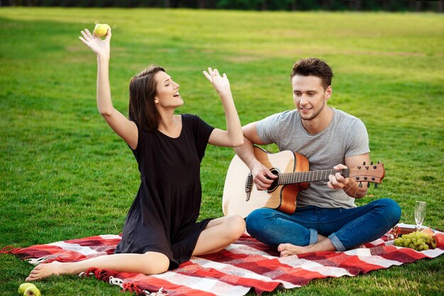 公園でピクニックで休んで笑っている若い美しいカップル