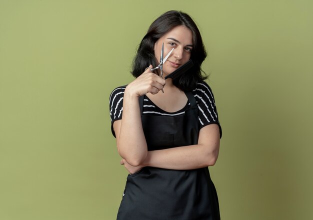 Young beautiful female hairdresser in apron holding scissors  smiling standing over light wall