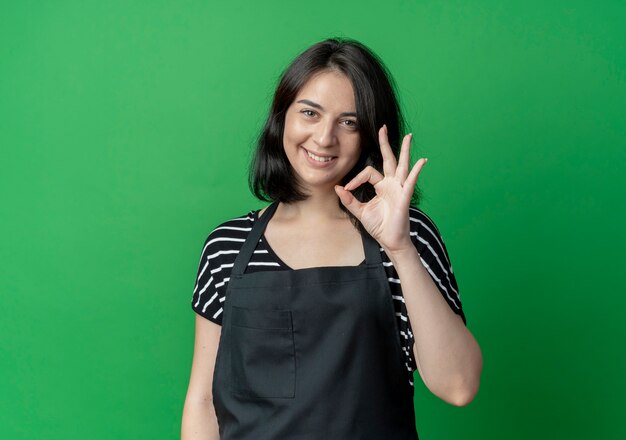 Young beautiful female hairdresser in apron smiling showing ok sign  over green