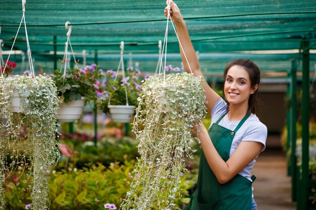 Young beautiful florist taking care of flowers.