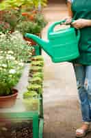 Free photo young beautiful florist watering flowers.