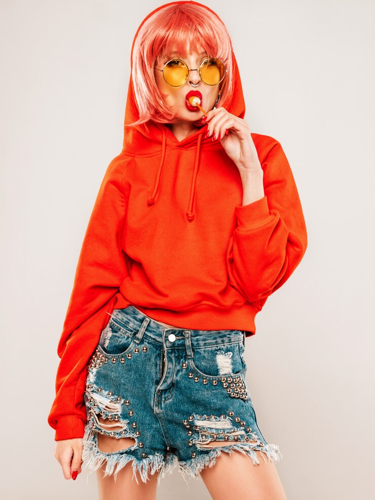 Free Photo young beautiful hipster bad girl in trendy red summer red hoodie and earring in her nose.sexy carefree woman posing in studio on gray background in wig.hot model licking round sugar candy