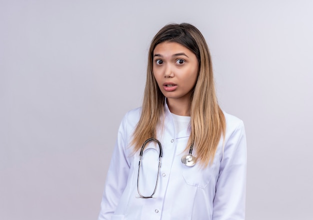 Young beautiful woman doctor wearing white coat with stethoscope looking surprised and worried