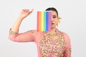 無料写真 若くてきれいな女性が虹色の旗で南部地方の地方文化に身を包む