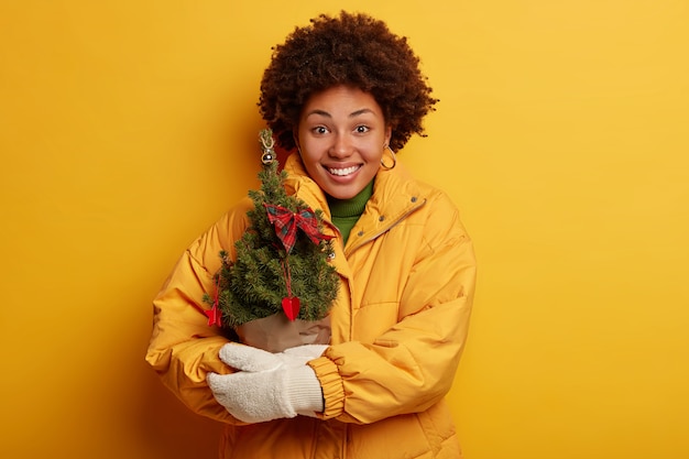 クリスマスの装飾を保持している若い美しい女性