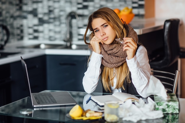 Young beautiful woman at home feeling unwell and coughing as symptom for cold or bronchitis