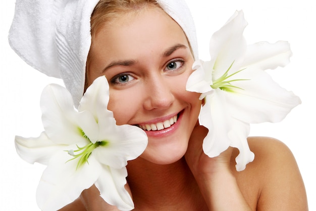 Young and beautiful woman on white