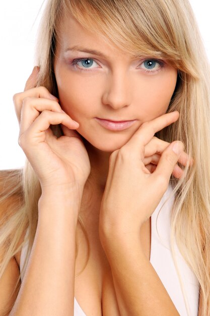 Young and beautiful woman on white