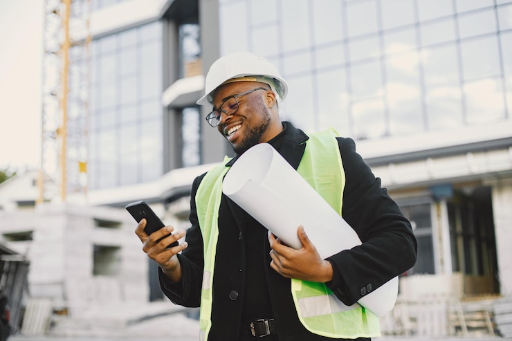 Free Photo young black race man with blueprint stading near glass building