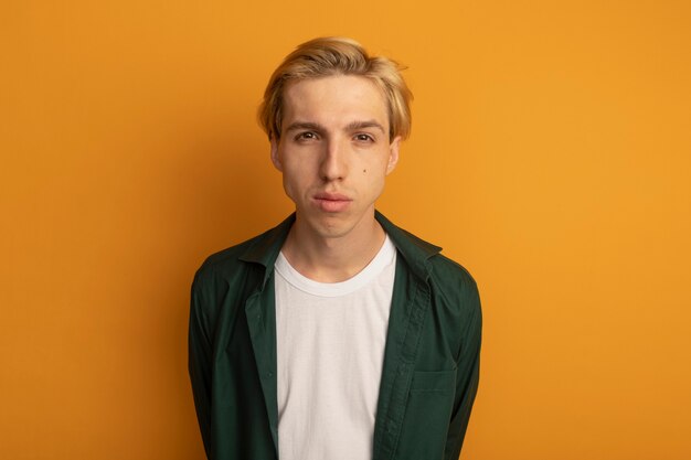 Young blonde guy wearing green t-shirt