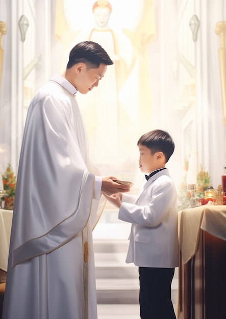 교회 에서 첫 번째 성찬 의식 을 경험 하는 어린 소년