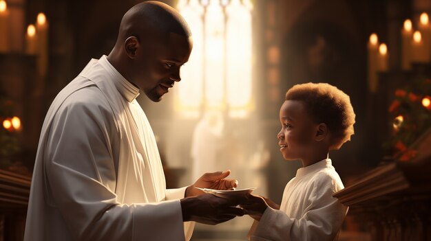 Young boy in church experiencing his first communion ceremony